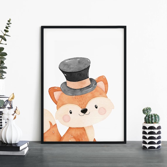 Fox In A Top Hat Animal Watercolour Kids Childrens Print Wall Art 4x6 5x7 A4 A3 A2 A1