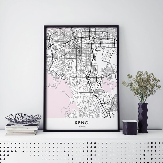 Reno Nevada Biggest Little City Black White Minimalist Map Poster