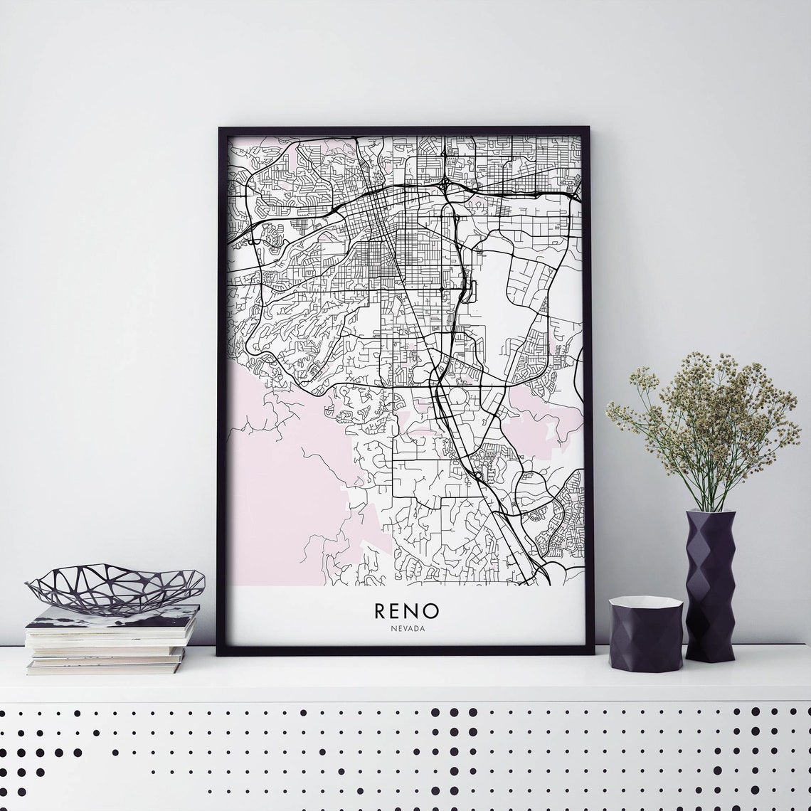 Reno Nevada Biggest Little City Black White Minimalist Map Poster