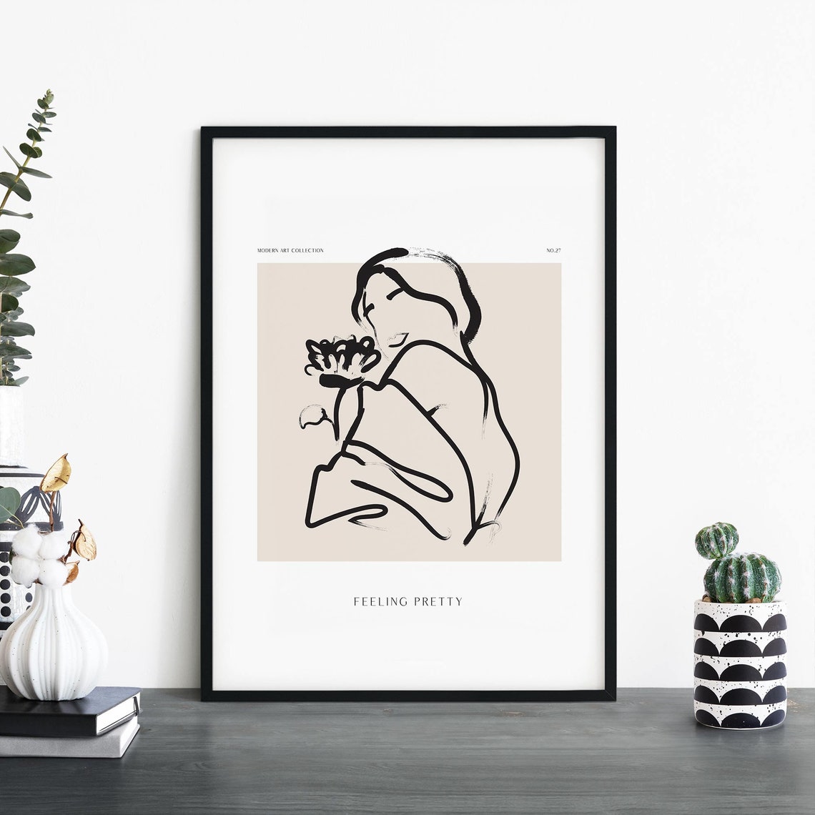 Feeling Pretty Woman With Flower Sketch Modern Line Art Poster