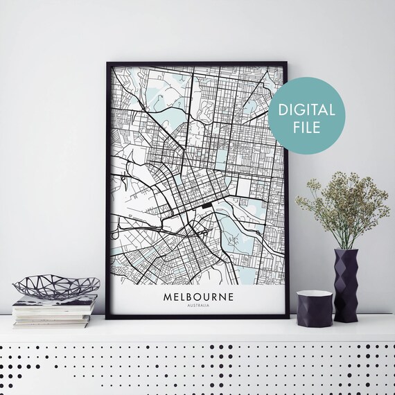 Melbourne Australia Black Line Street Map Modern City Poster
