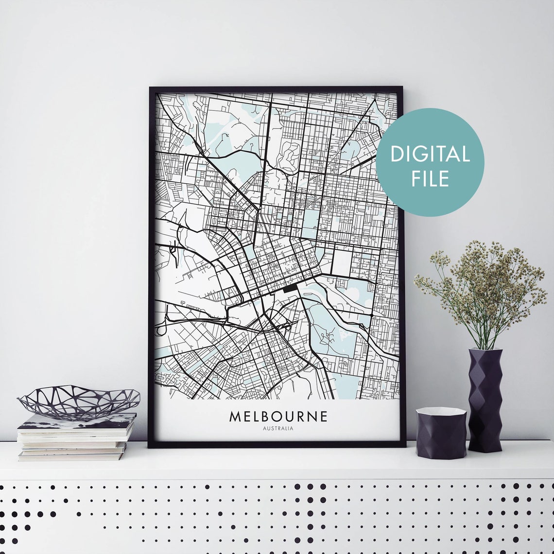 Melbourne Australia Black Line Street Map Modern City Poster