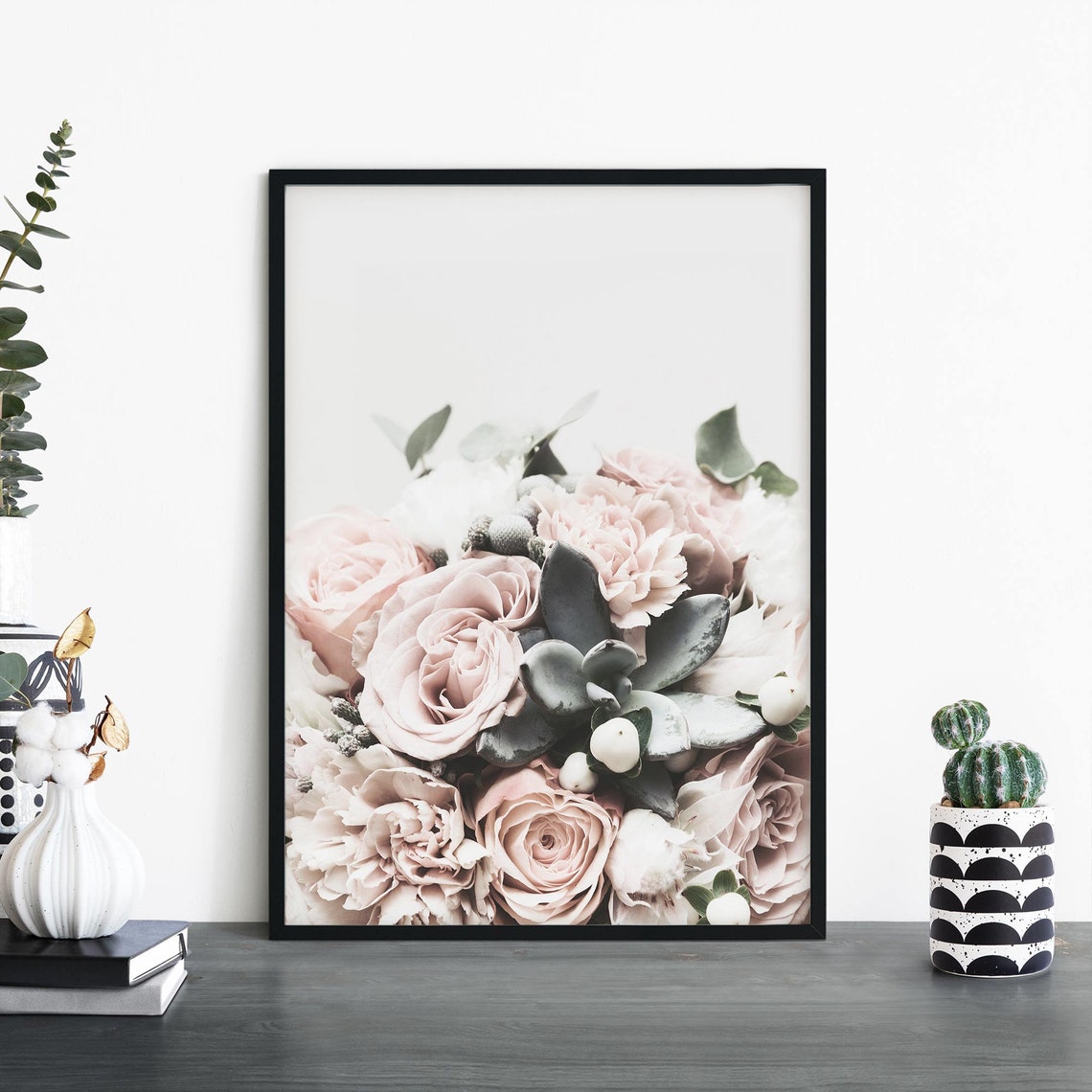 Blush Pink Roses and Succulents Photographic Floral Bouquet Print