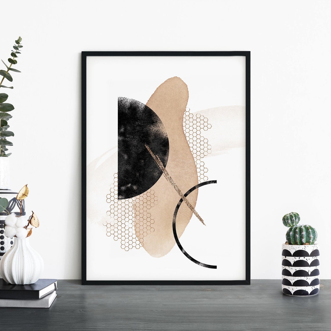 Abstract Gold Honeycomb Black Half Moon Watercolor Modern Poster