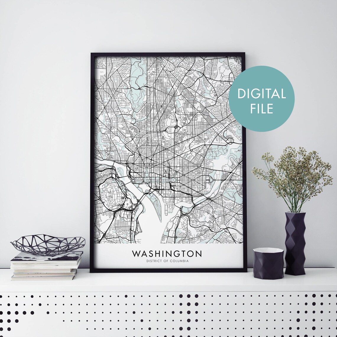Washington District of Columbia City Map Poster Minimal Black Street Grid