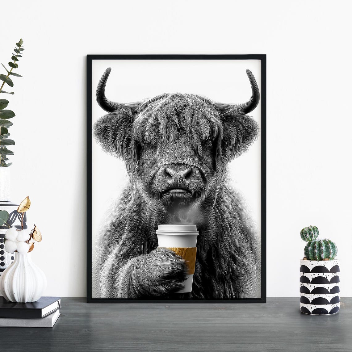 Highland Cow Holding Coffee Cup Black White Funny Farmhouse Poster