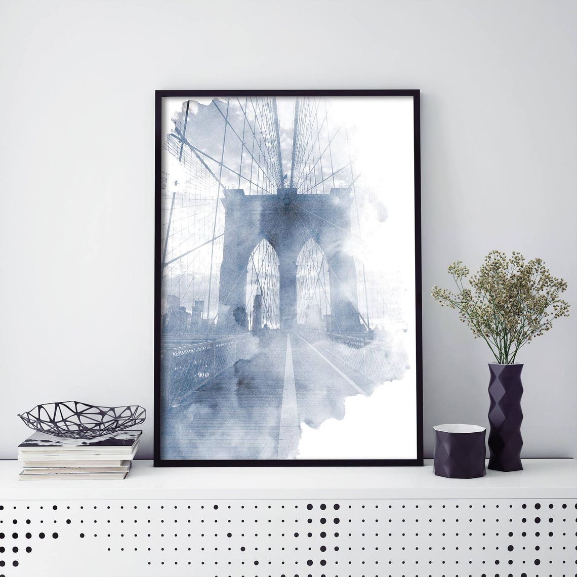 Brooklyn Bridge New York Misty Gray Watercolor Travel Poster