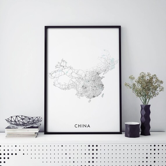 China Country Minimal Road Network Map Travel Lover Modern Map Art Poster