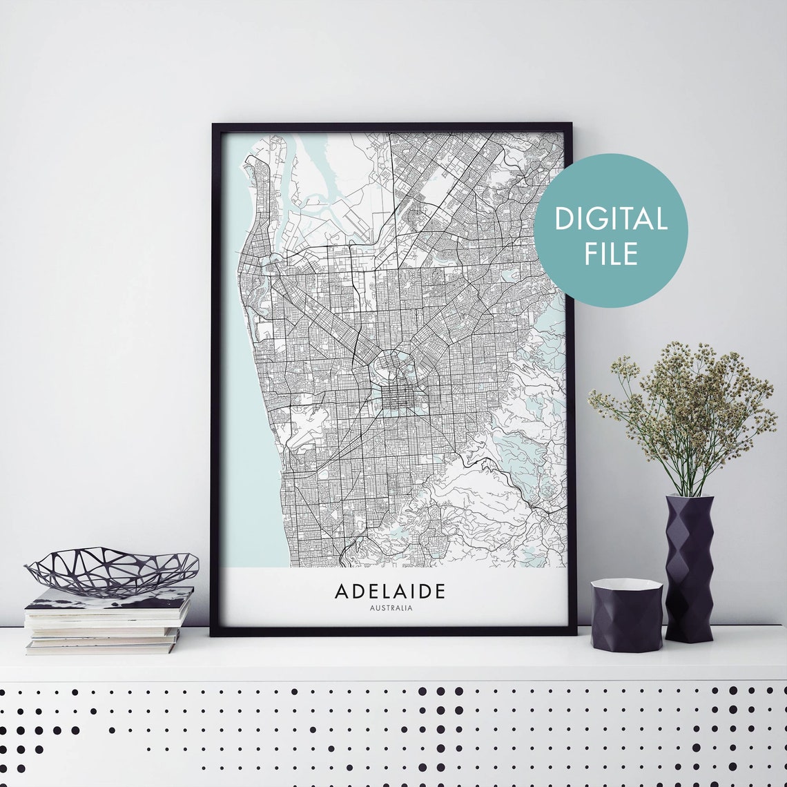 Coastal Teal Water Adelaide Australia City Street Map Poster