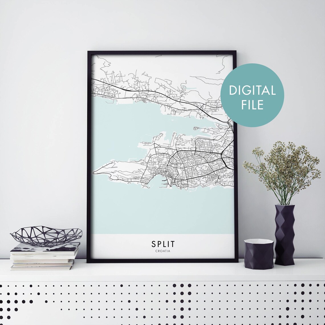 Split Croatia Coastal City Street Map Black Line Travel Art Poster