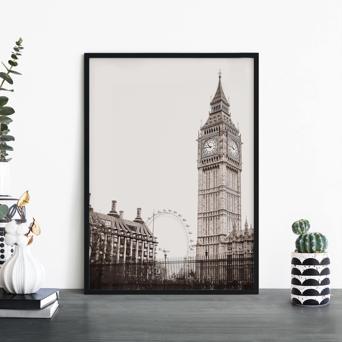 Classic Big Ben and London Eye Sepia London Cityscape Travel Poster