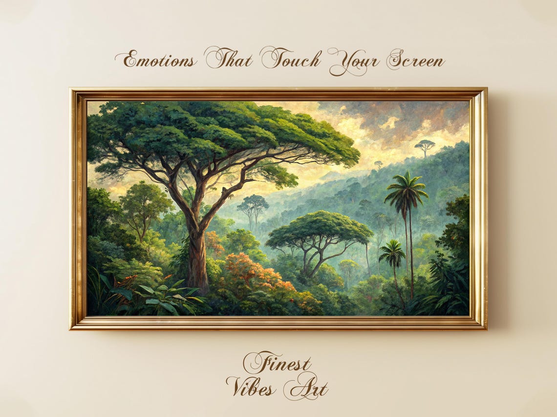 Lush Tropical Jungle Umbrella Trees Mountain Landscape Art Print