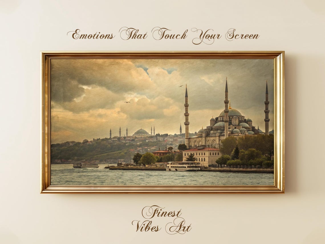 Vintage Istanbul Skyline Art Bosphorus Sunset Mosque Landscape Ottoman Style
