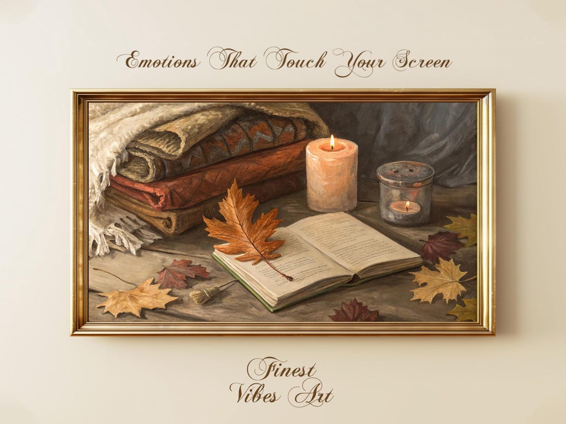 Cozy Autumn Still Life Open Book Candles Leaves Vintage Art Poster