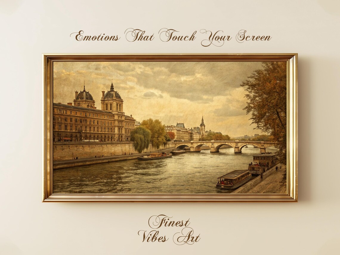 Paris Seine River Banks Louvre Vintage Golden Painting Travel Print