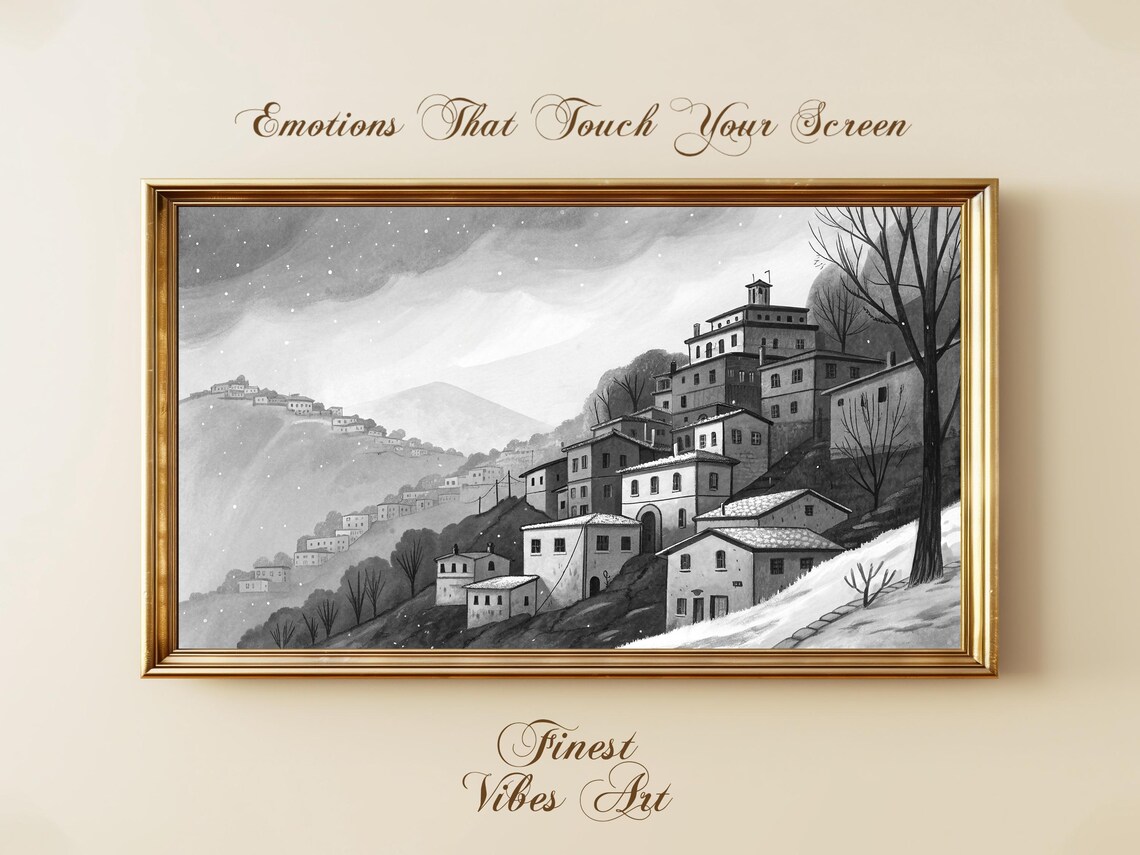 Black And White Winter Village Snowy Hillside Town Illustration Poster