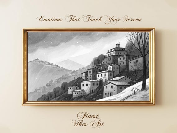 Black And White Winter Village Art For Frame Tv Snowy Mountain Landscape Cozy Minimal