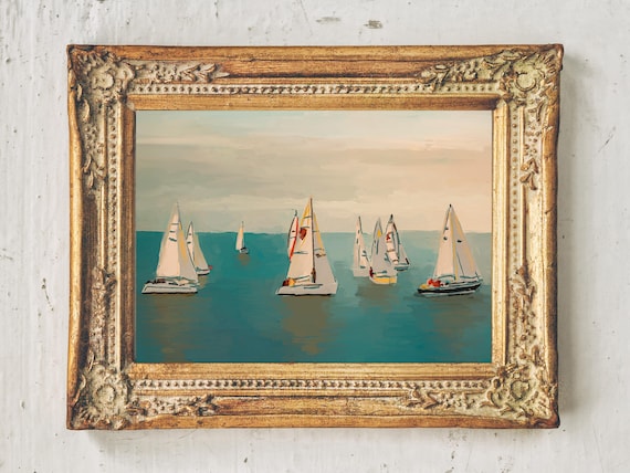 Sailboat Regatta Oil Painting Print Coastal Nautical Wall Decor