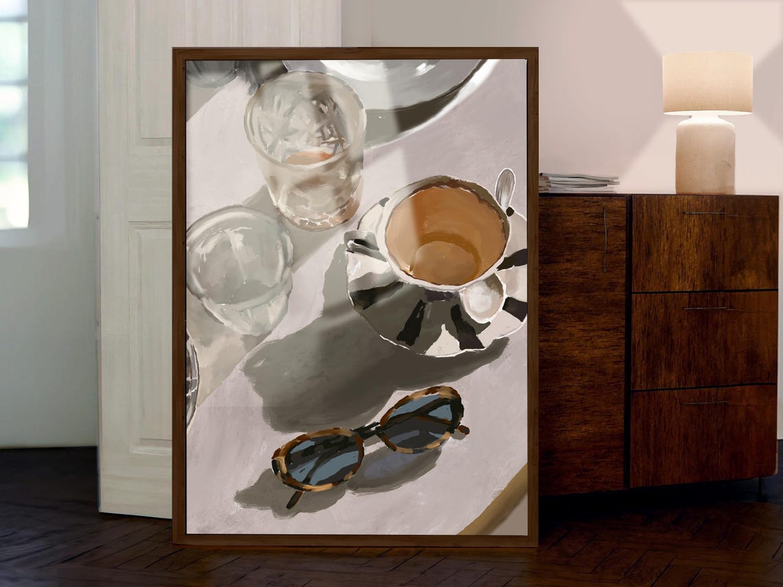 Cappuccino And Sunglasses Still Life Print Chic Coffee Decor Art