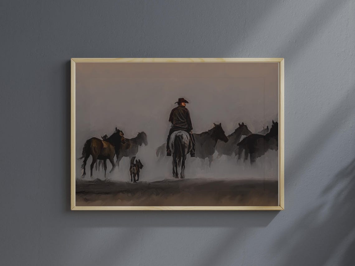Cowboy on Horseback Herding Horses Dusty Western Ranch Scene Poster