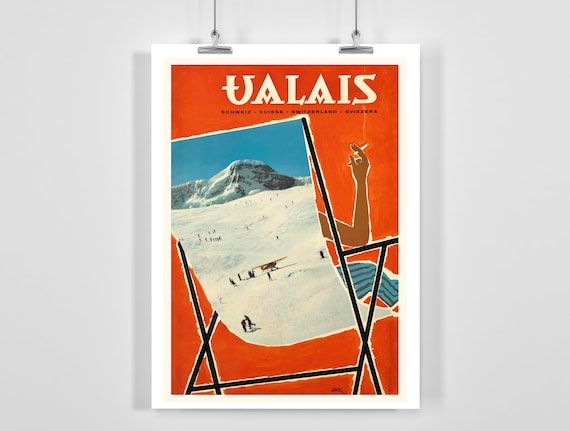 Wallis Switzerland Vintage Ski Poster, Travel Poster