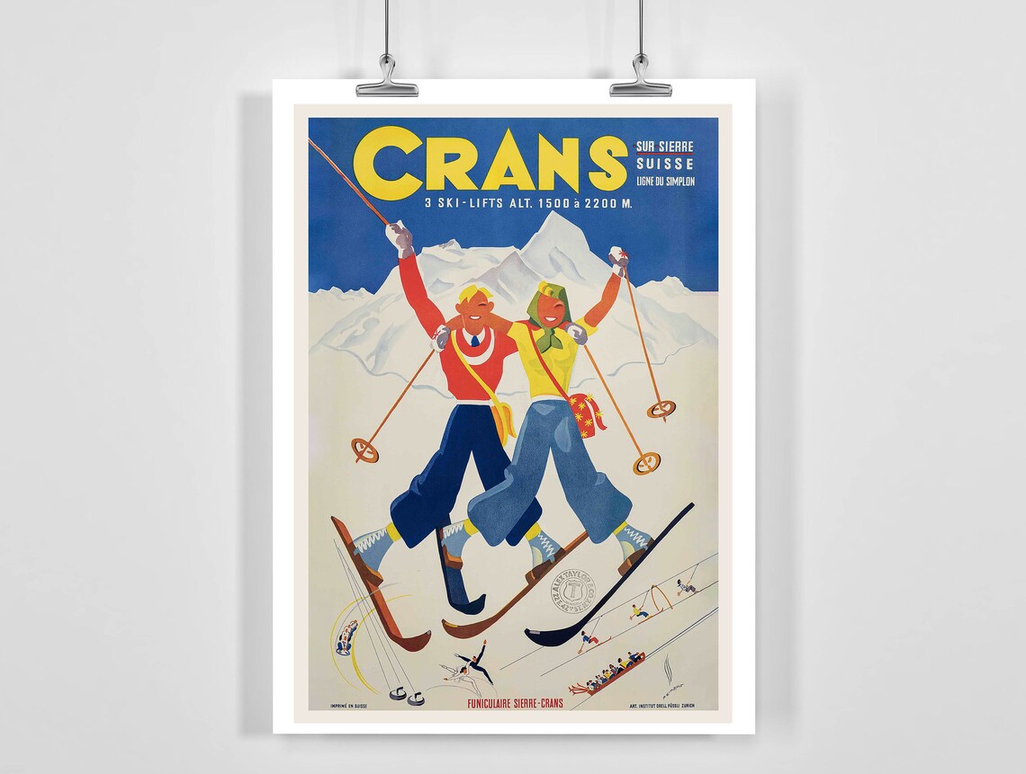 Cransmontana Sierre Switzerland Vintage Ski Poster
