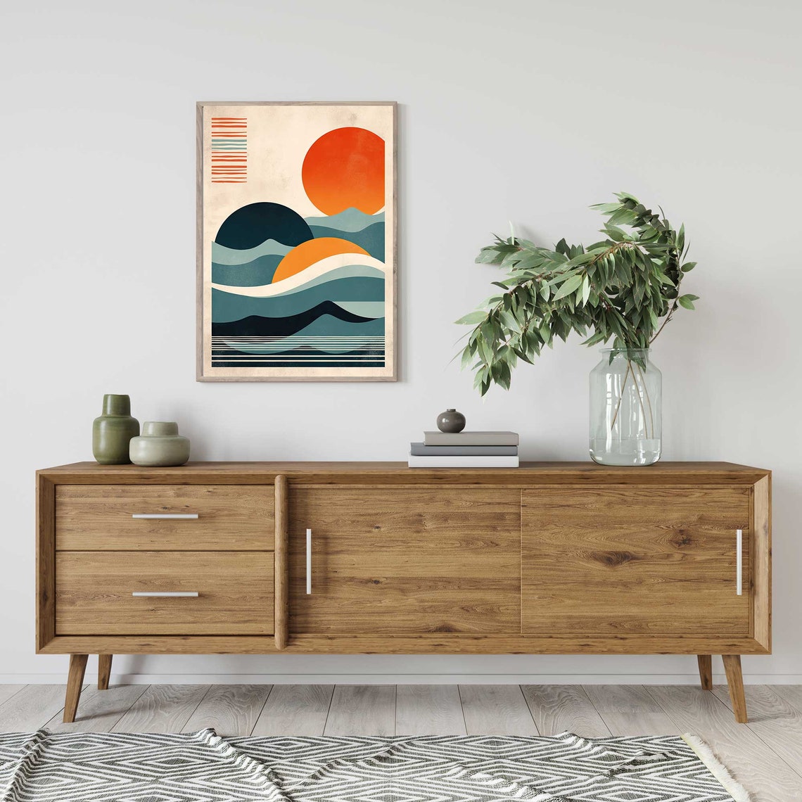 Mid Century Modern Abstract Ocean Sunset With Retro Waves Poster - Image 2