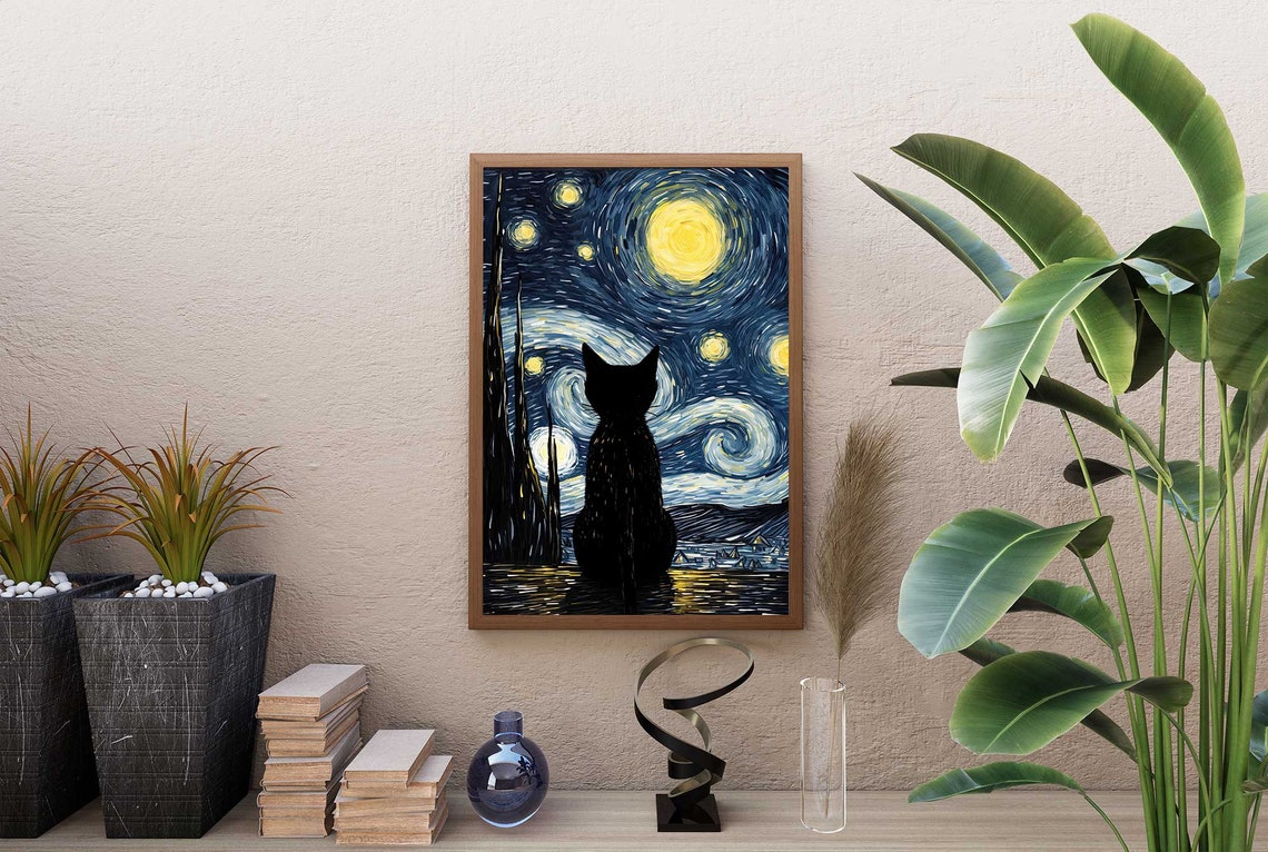 Black Cat Watching Starry Night Sky Van Gogh Style Cat Lover Poster - Image 2
