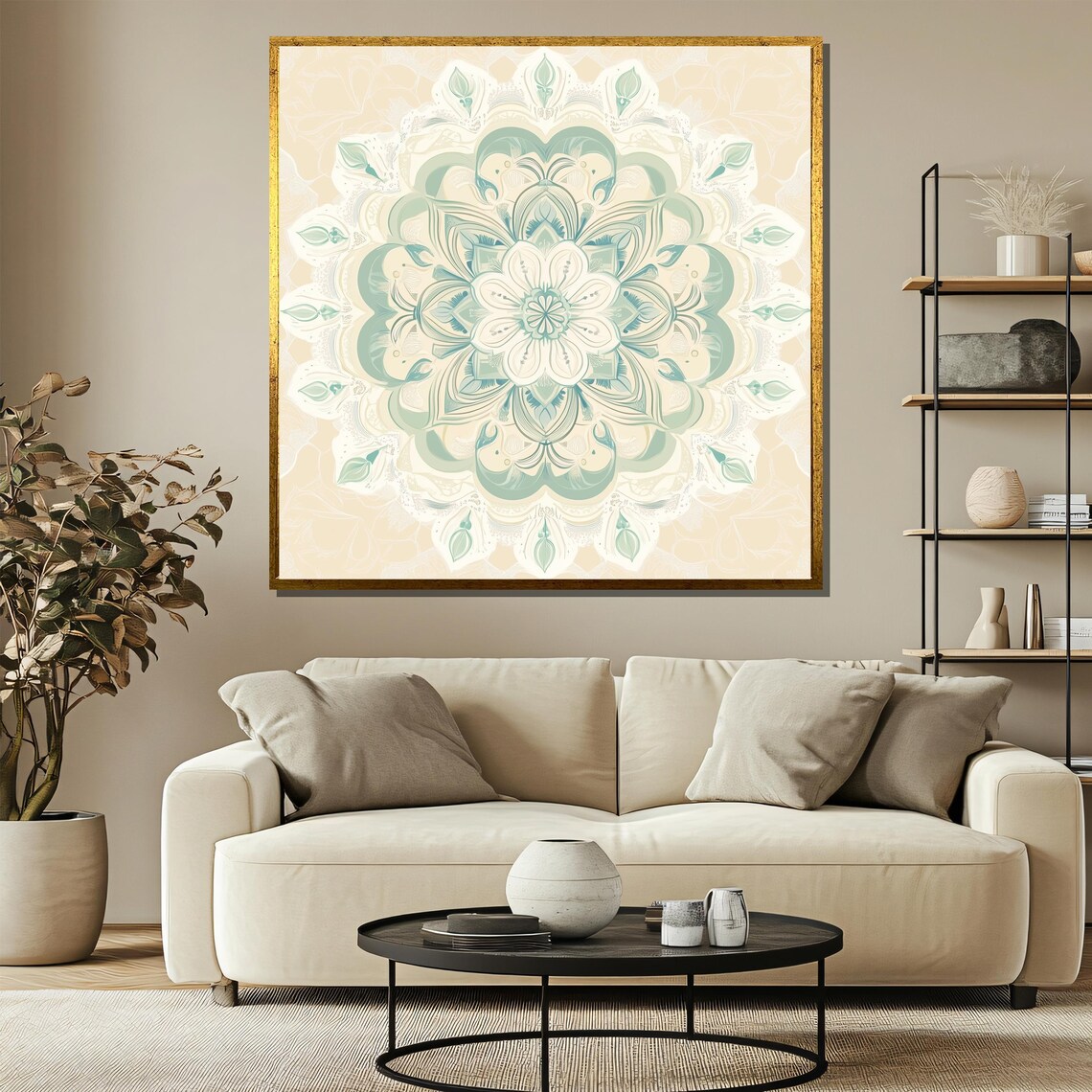 Soft Sage Green Pastel Mandala on Cream Zen Meditation Art Print - Image 3