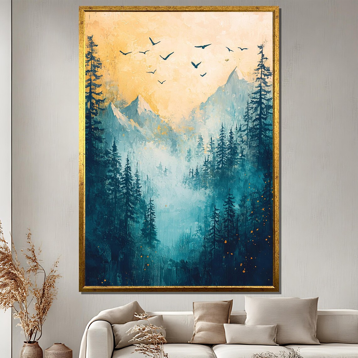 Misty Mountain and Birds Painting, Nature Print