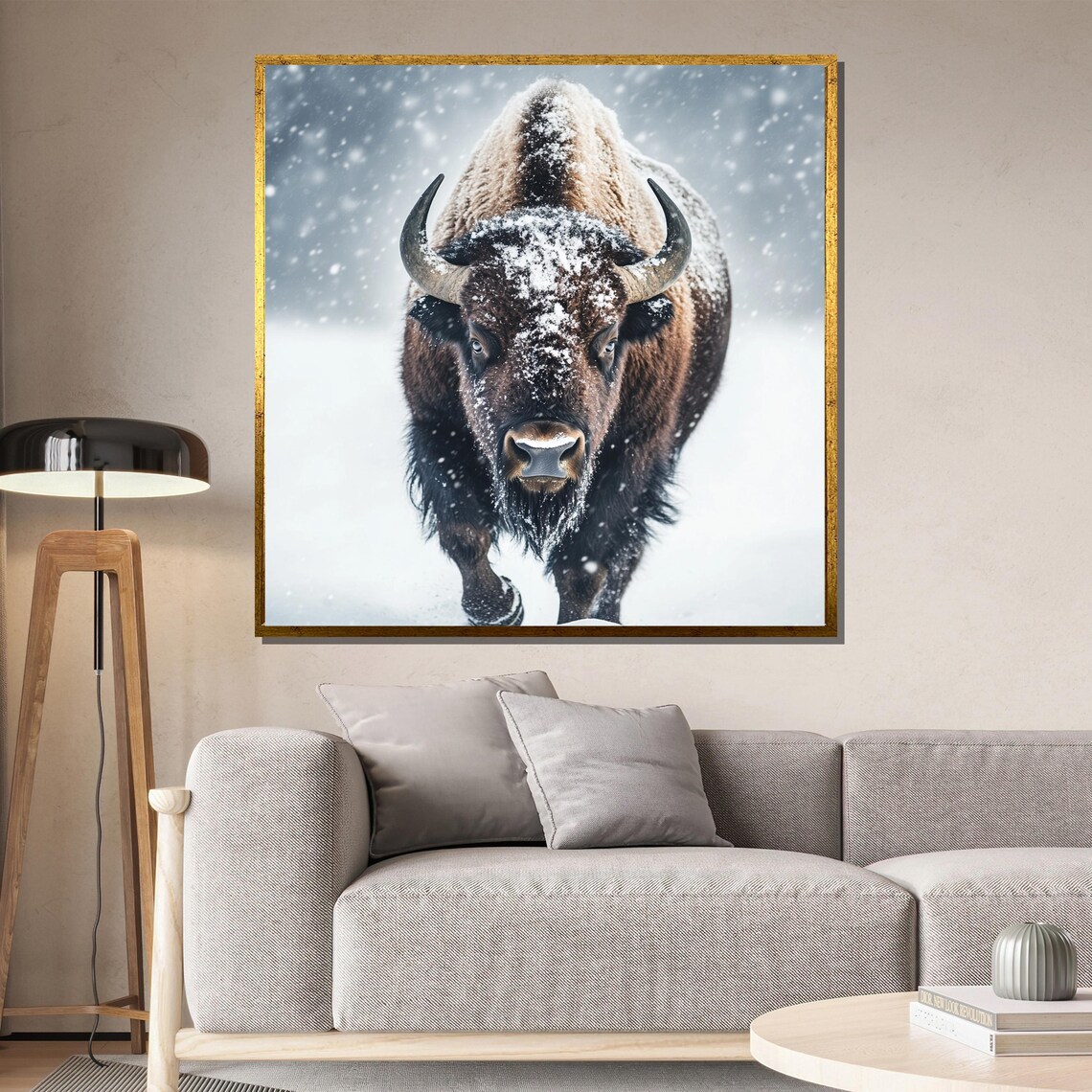 Snow Covered Bison Walking Toward Viewer in a Blizzard Poster