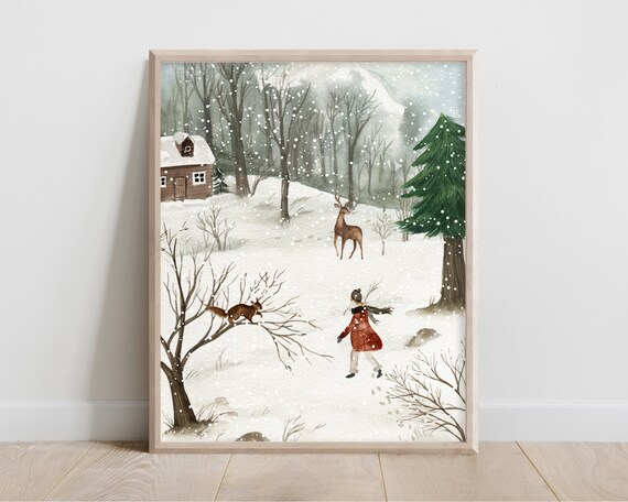 Watercolor Winter Wonderland Poster Snowy Cabin Deer Child Squirrel