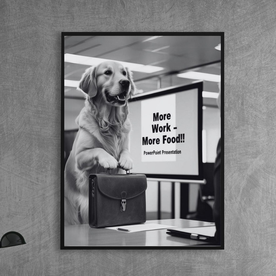 Funny Golden Retriever with Briefcase Office PowerPoint Dog Poster