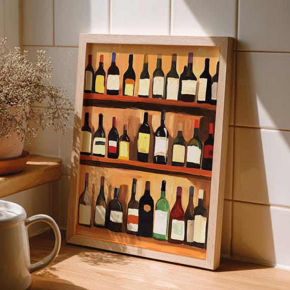 Vintage Wine Bottle Art Print Minimalist Boho Kitchen Decor