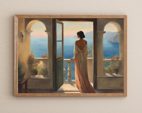 Woman on Terrace Overlooking Blue Sea Romantic Coastal Painting Print
