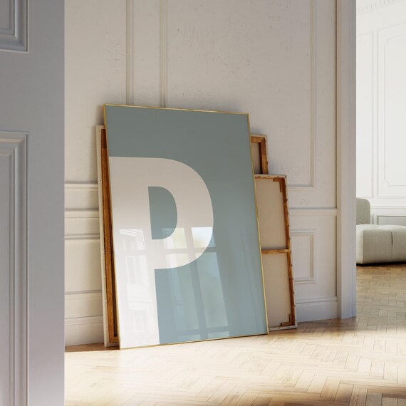 Letter P Monogram Poster Bold White Initial Alphabet Art on Soft Blue
