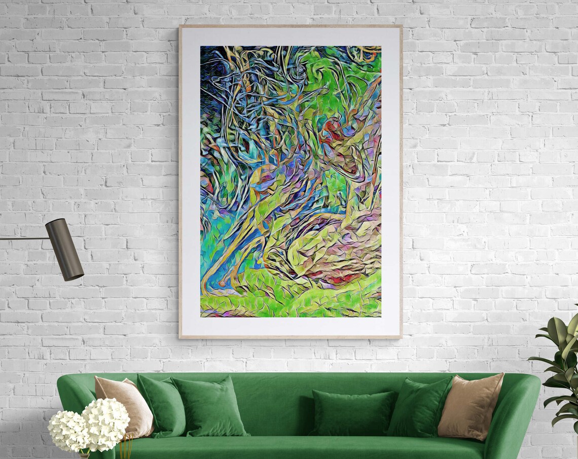 Green and Blue Tangled Brushstroke Impressionist Abstract Art Print