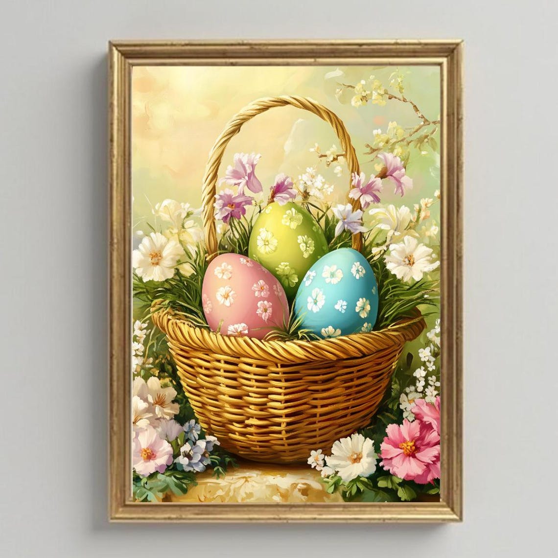 Hand-Painted Easter Eggs in a Wicker Basket Vintage Spring Poster