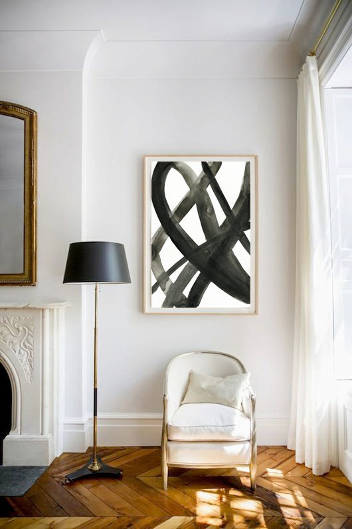 Black And White Abstract Brushstroke Bold Modern Minimalist Wall Art - Image 3
