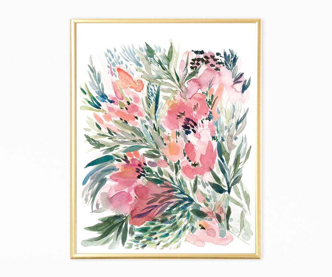 Pink Coral Watercolor Floral Bouquet Wildflower Blooms Print