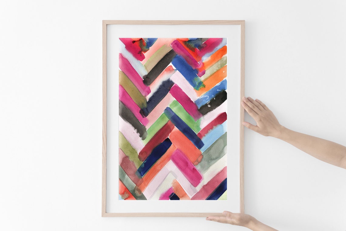 Colorful Chevron Herringbone Watercolor Bold Geometric Art Print