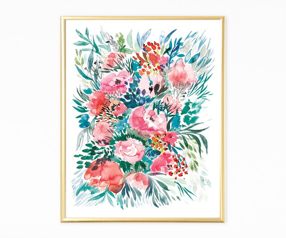 Vibrant Pink Coral Floral Bouquet Watercolor Bloom Garden Wall Art