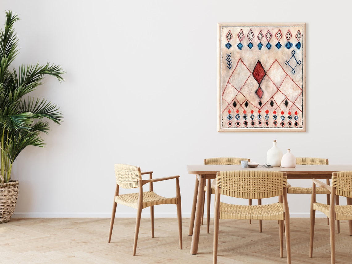 Moroccan Rug Style Poster Tribal Diamond Pattern Beige Red Blue Art - Image 3