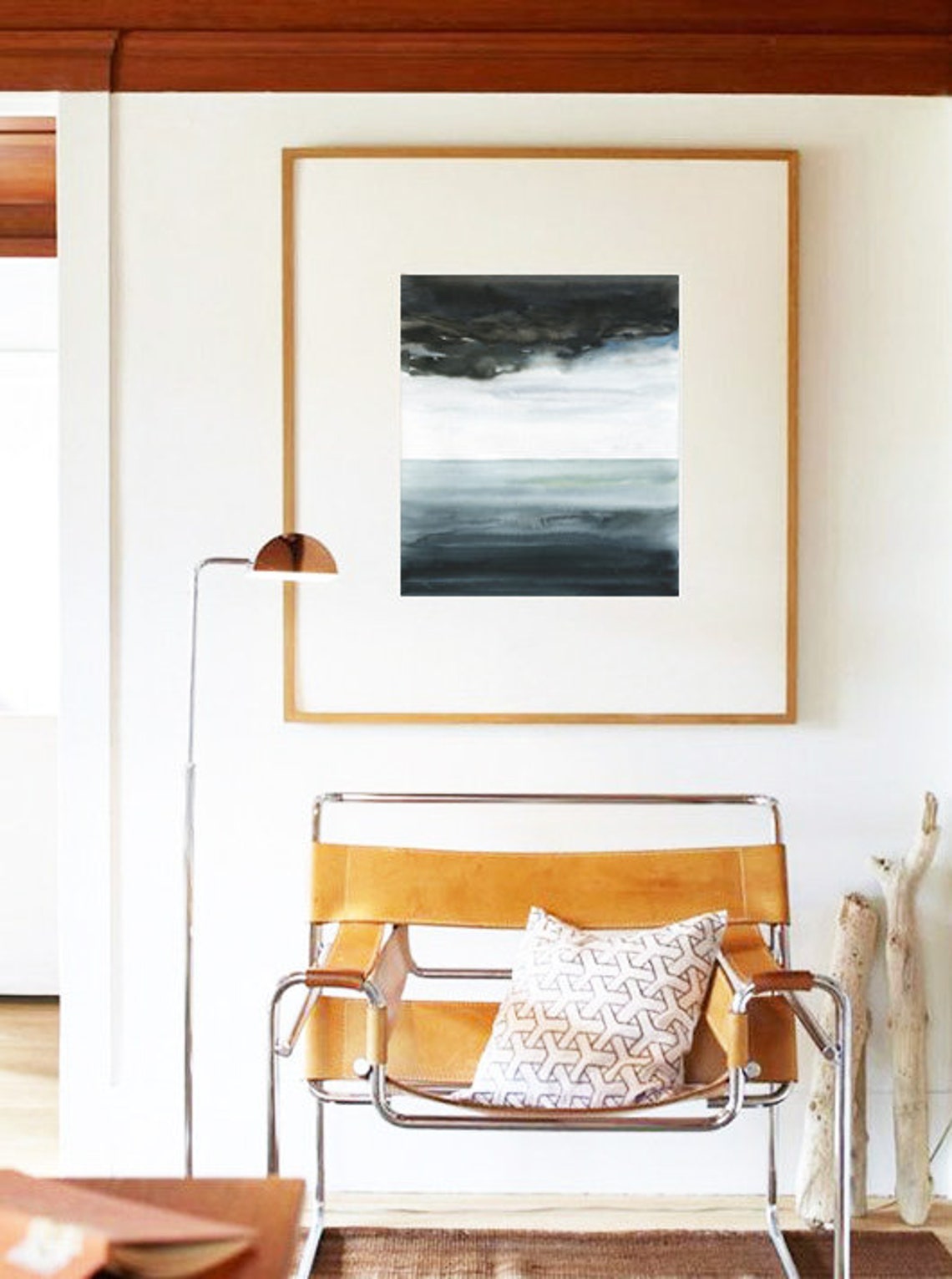 Black Blue Minimal Seascape Watercolor Dark Cloud Ocean Art Print - Image 3