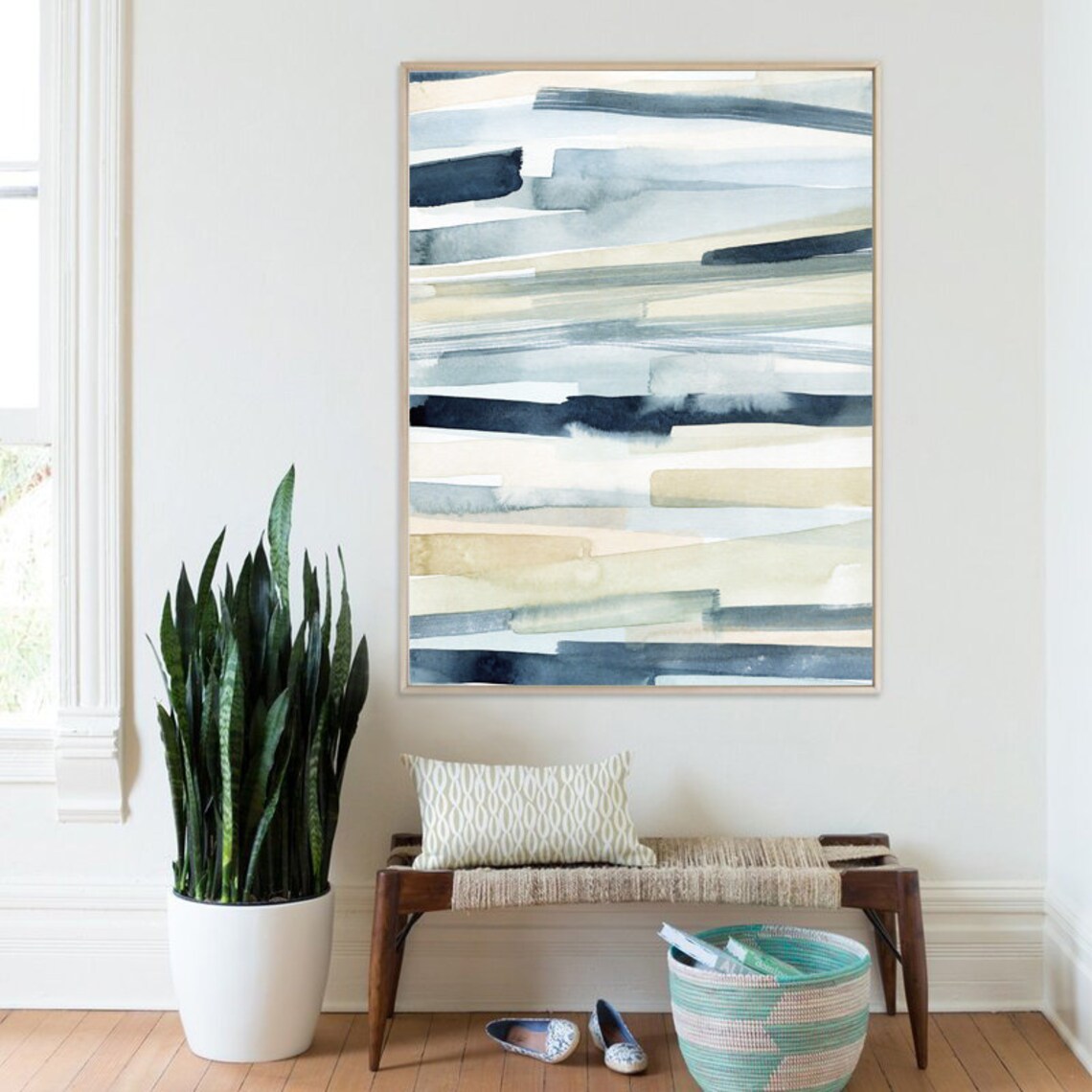 Navy Blue Beige Horizontal Stripe Watercolor Minimal Coastal Wall Art - Image 2