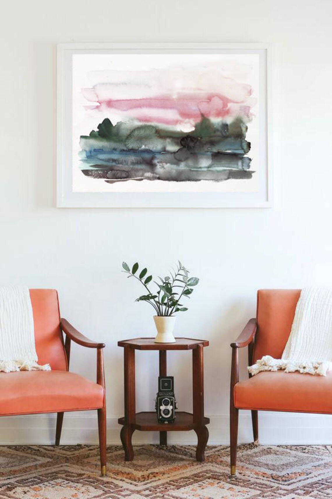 Abstract Watercolor Landscape Pink Teal Wash Horizontal Wall Art - Image 2