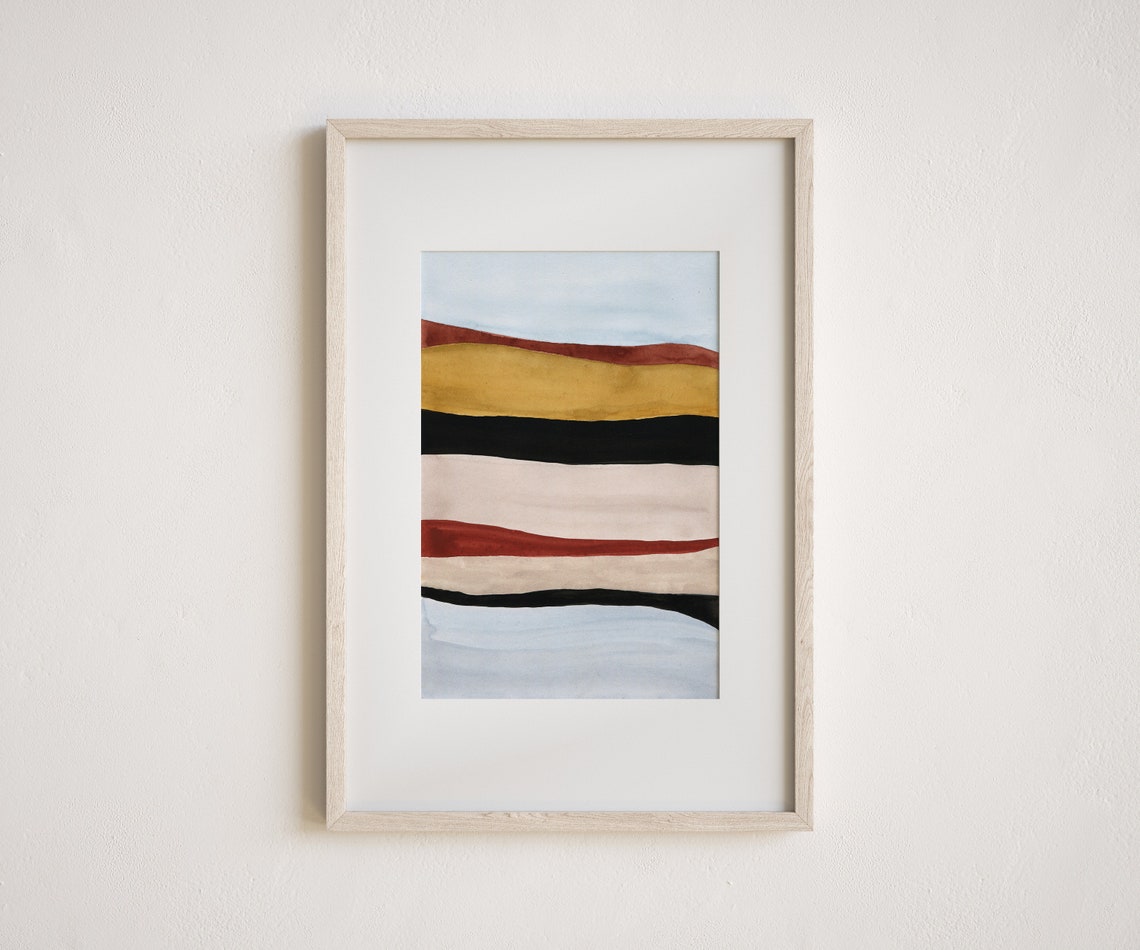 Mid Century Abstract Poster Rust Ochre Black Wavy Bands Layered Art - Image 2