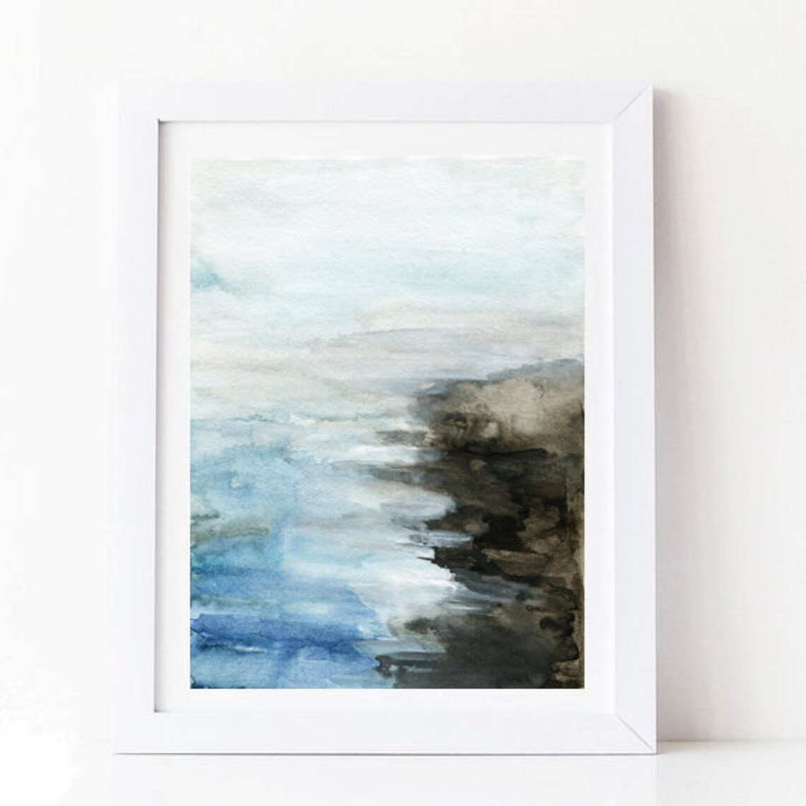 Moody Blue Gray Watercolor Poster Abstract Coastal Mist Dark Shore Art - Image 3