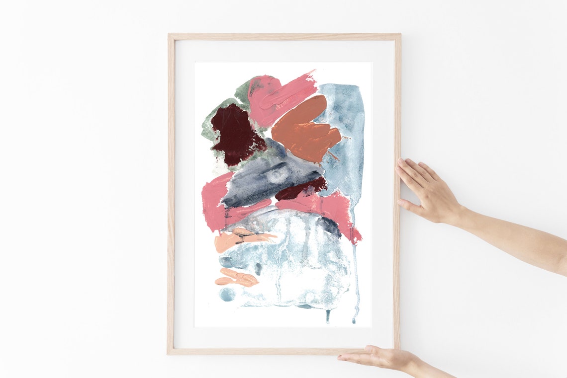 Blue Pink Coral Abstract Brushstroke Watercolor Modern Bold Wall Art