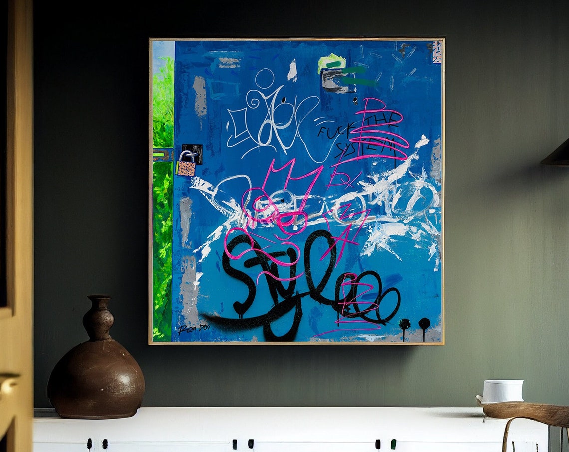 Blue Graffiti Door Street Art With Bold Tags By Ron Deri Poster - Image 3